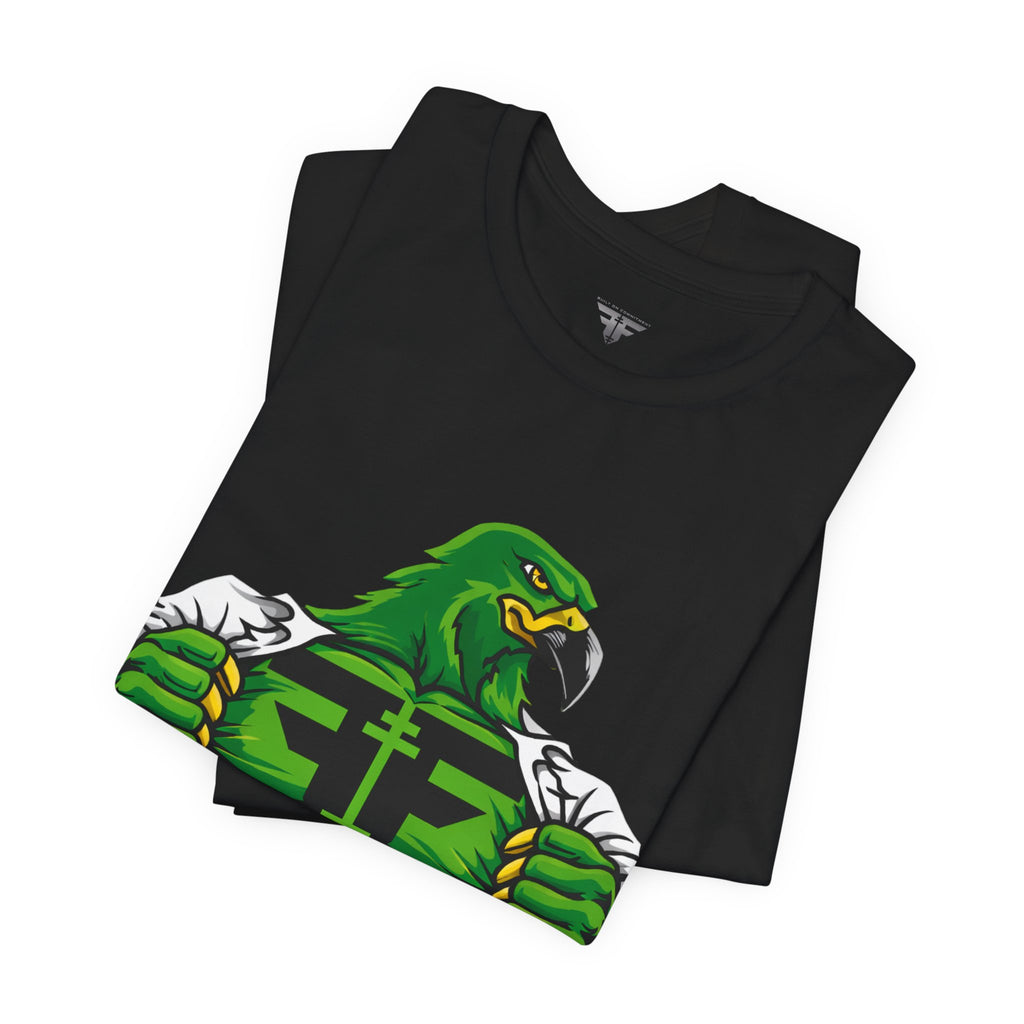 FitFam Workout Tee — Green Hawk Chest-Open Muscle Graphic T-Shirt
