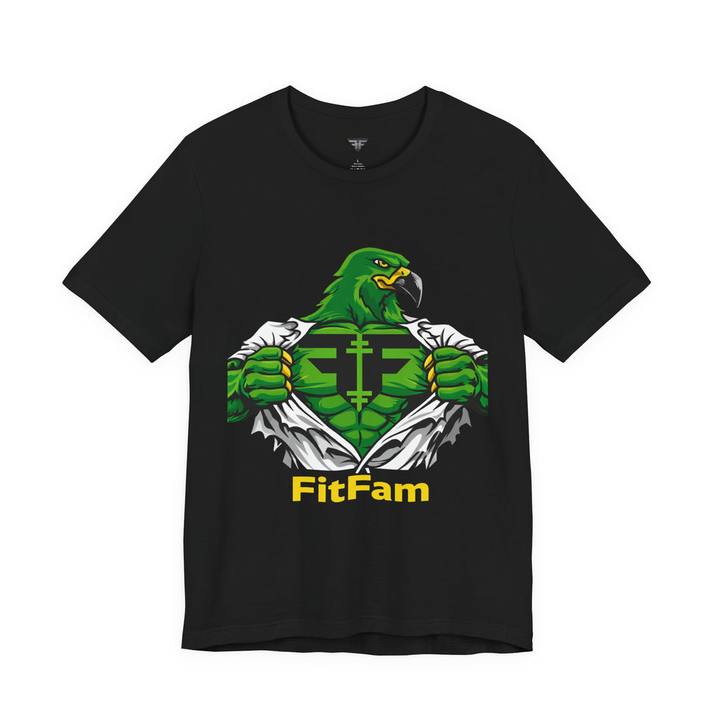 FitFam Workout Tee — Green Hawk Chest-Open Muscle Graphic T-Shirt